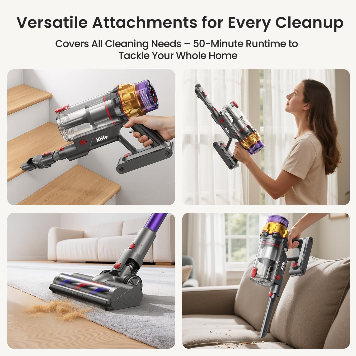 Four images showing the Xlife P12 vacuum cleaner used with different attachments for stairs, handheld cleaning, and sofa cleaning