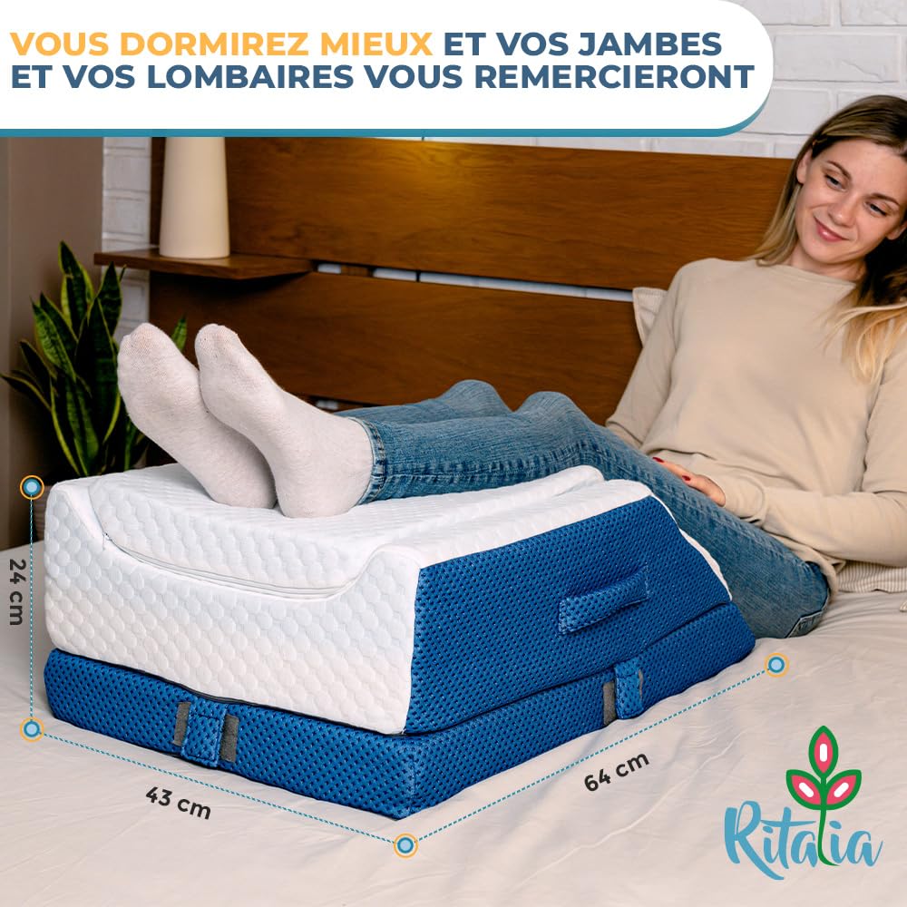 Ritalia Coussin REHAUSSE Jambes Coussin orthopédique pour surélever Les Jambes au lit ou canapé, 3 hauteurs réglables, Mousse mémoire de Forme, Housse Respirante Lavable