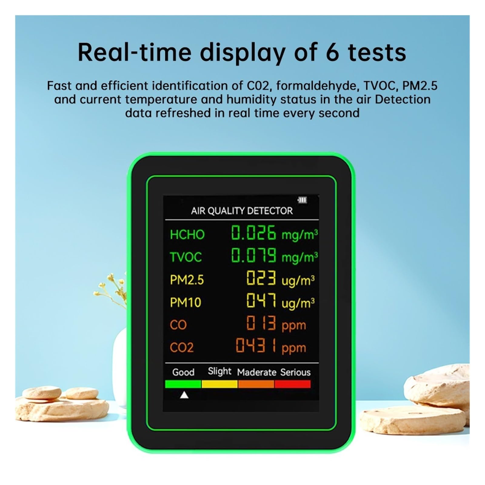 Air Quality Monitor, Multifunzionale 6 In 1 Monitor A Qualità 'aria Misuratore Di CO2 Tester Digitale Umidità A Temperatura Rilevatore Anidride Carbonica TVOC HCHO(Black)