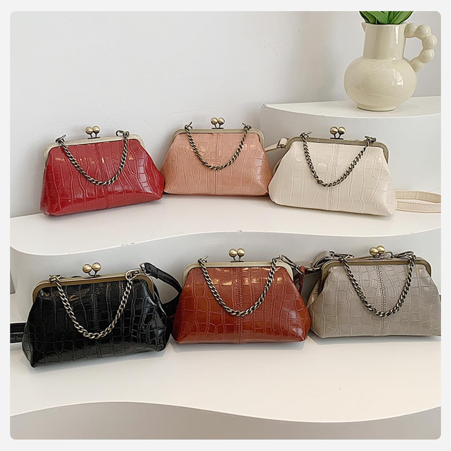 Vintage Kiss Lock Shoulder Bag Pattern Evening Clutch Purse PU Leather Crossbody Purse for Women Work Shopping Travel