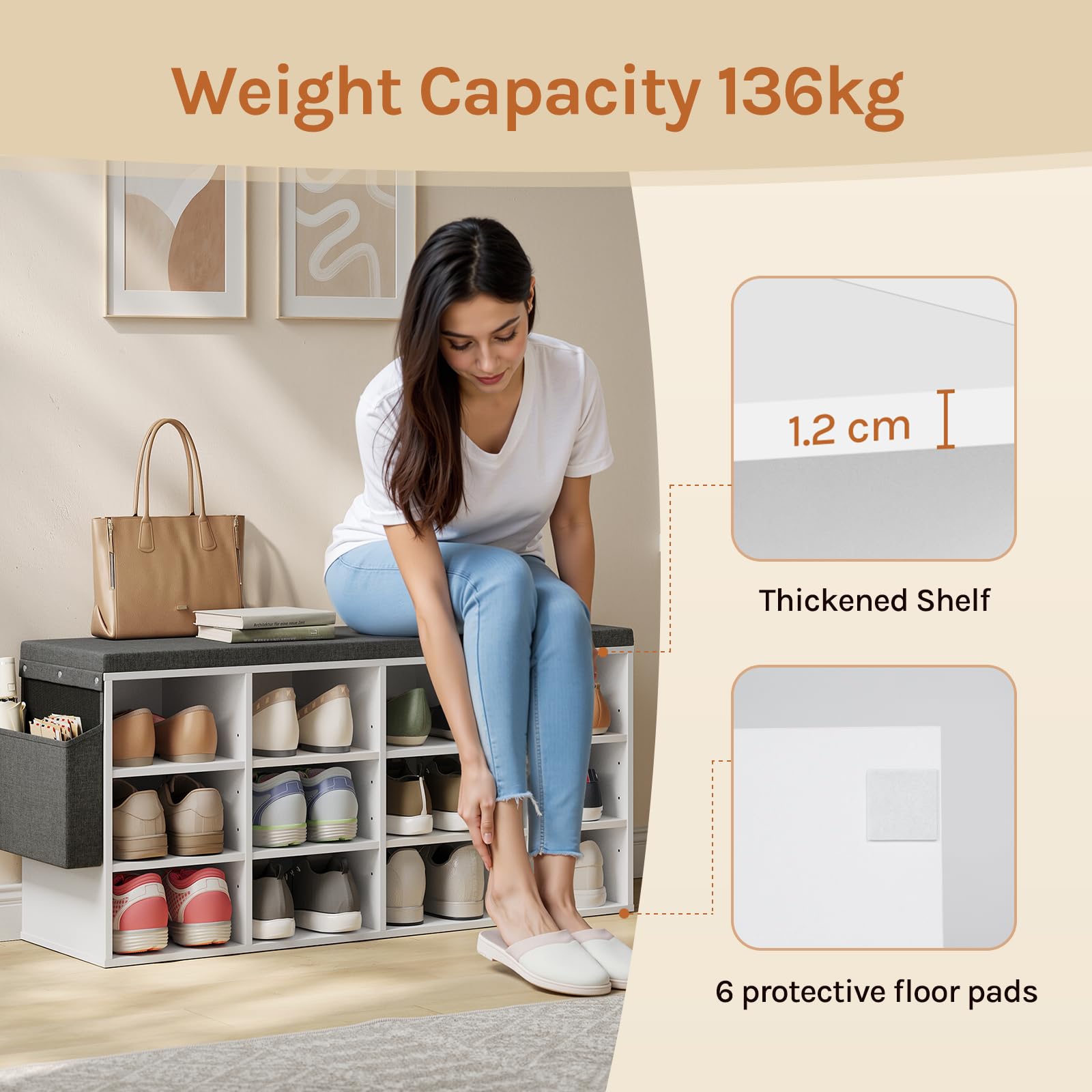 WOLTU Banc de Rangement à Chaussures, Meuble d’Entrée pour Chaussures, Étagère Autoportante à 12 Compartiments en Panneau Aggloméré avec Coussin en Tissu Gris, Blanc, 102x30x48,5 cm