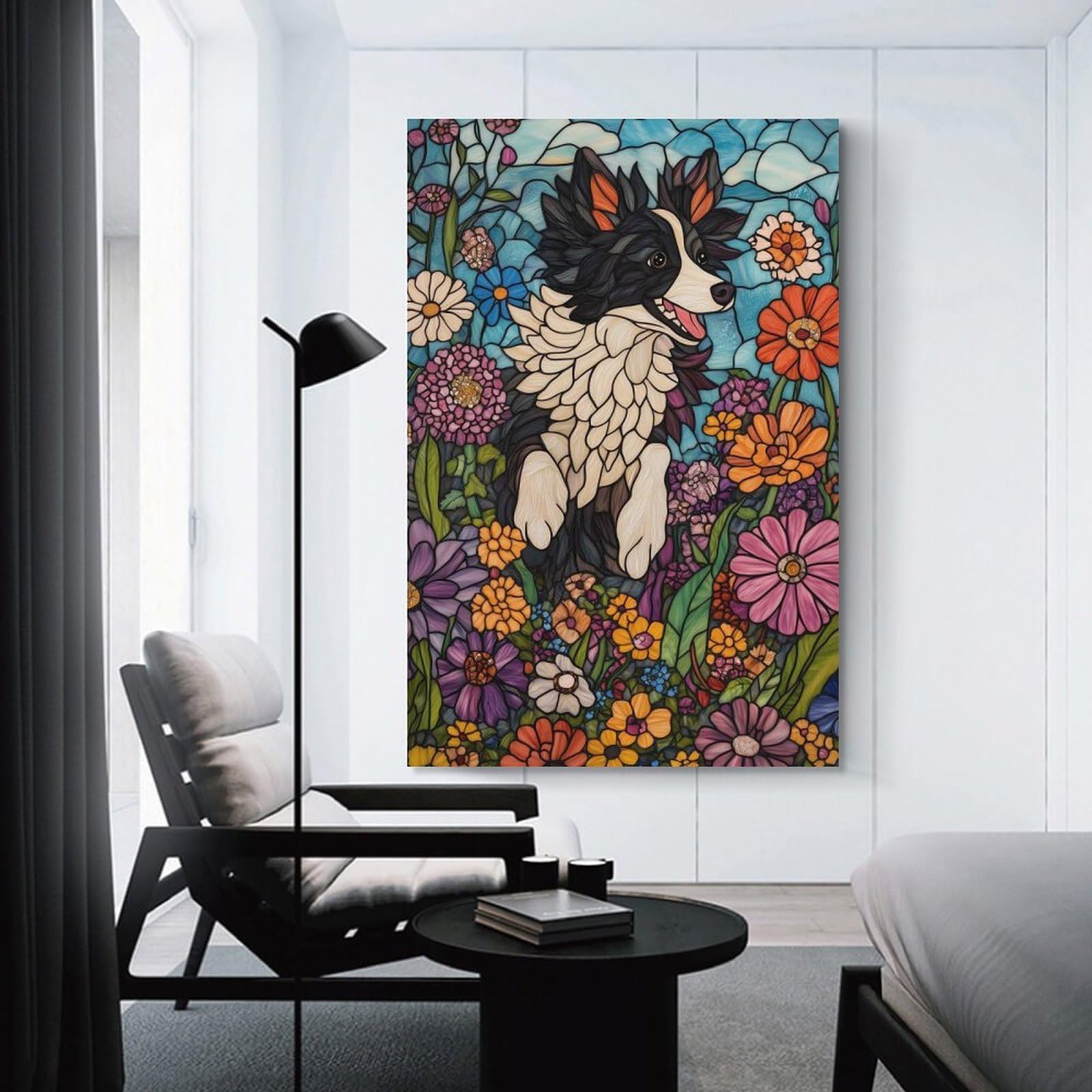 Junmoney Unframe-Style-7 Stained Glass Dog In Flowers Canvas Wall Picture, 24X36inch(60X90cm), For Study, Office Or Focused Interiors, Home Office Artwork With Decorative Appeal