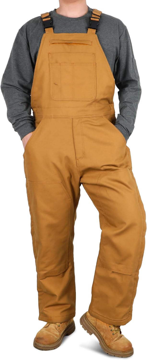 BOCOMAL Men's Insulated FR Bibs Duck Overalls for Cold Winter Thigh Leg Zippers Double Front Knee Pads Opening Loose Fit