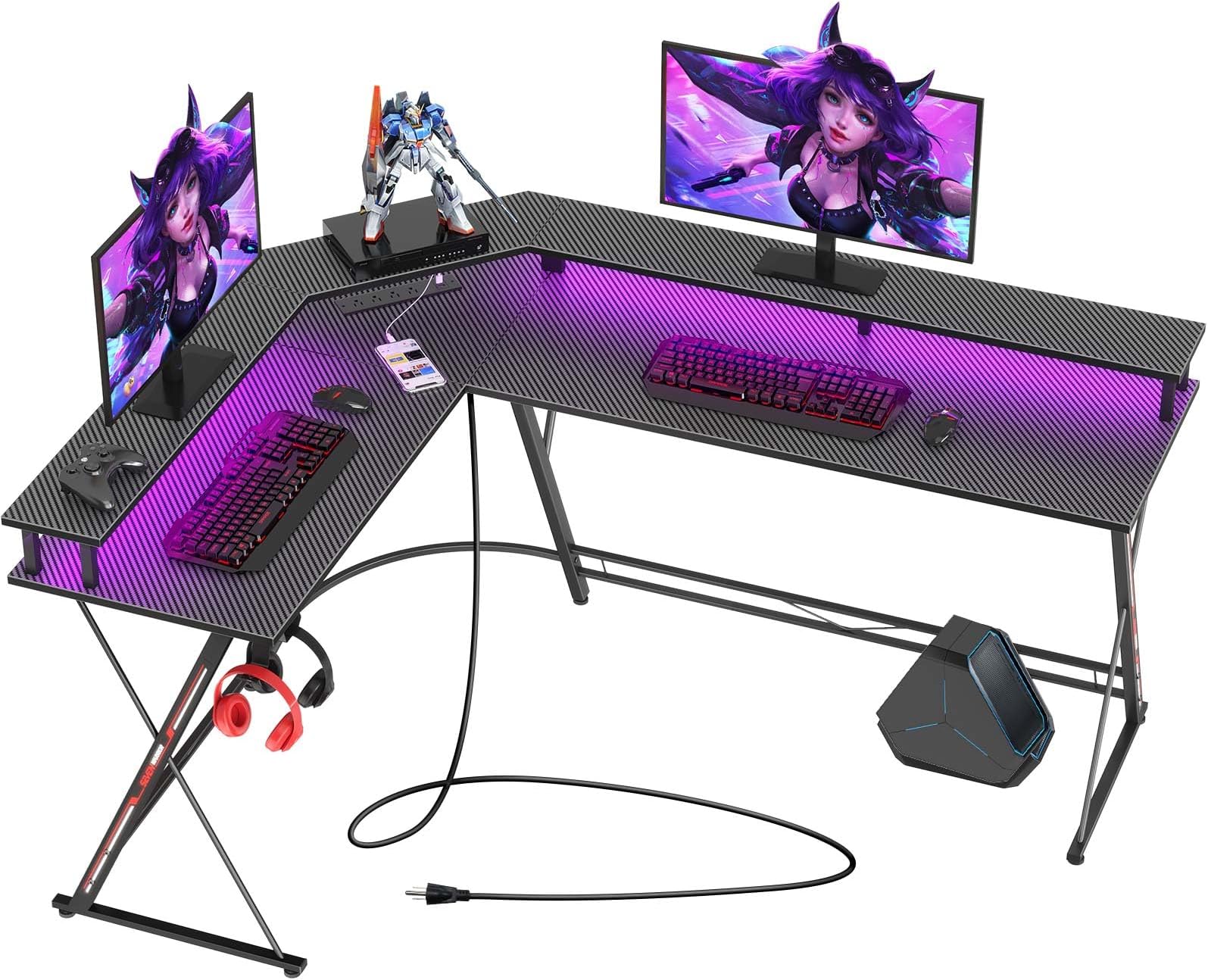 SEVEN WARRIORL Shaped Gaming Desk with LED Lights & Power Outlets, 58” Computer Desk with Monitor Stand, Corner Desk with Carbon Fiber Surface, Gaming Table with Hooks, BlackBIFMA LEVELBIFMA LEVELBIFMA LEVEL