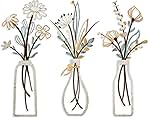 Pigort 3 Pieces Metal Flowers Wall Arts - Rustic Farmhouse Decor Beige Minimalist Flower Wall Decors for Living room Bathroom Bedroom Dining Room-Housewarming Gifts (Beige, Vase-C)