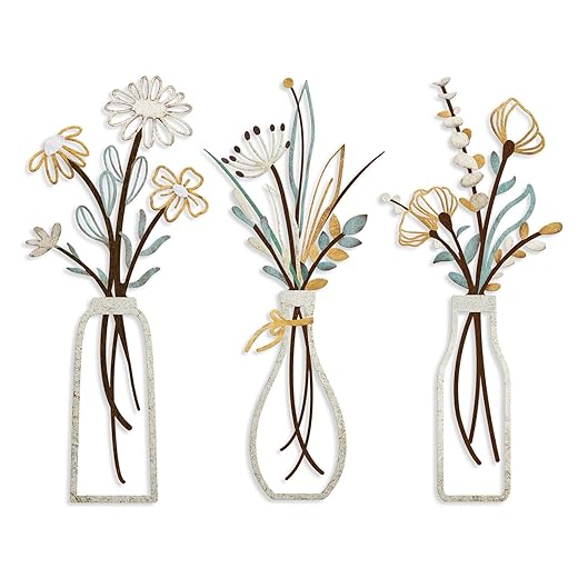 Pigort 3 Pieces Metal Flowers Wall Arts - Rustic Farmhouse Decor Beige Minimalist Flower Wall Decors for Living room Bathroom Bedroom Dining Room-Housewarming Gifts (Beige, Vase-C)