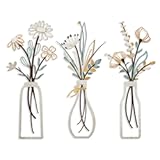 Pigort 3 Pieces Metal Flowers Wall Arts - Rustic Farmhouse Decor Beige Minimalist Flower Wall Decors for Living room Bathroom Bedroom Dining Room-Housewarming Gifts (Beige, Vase-C)