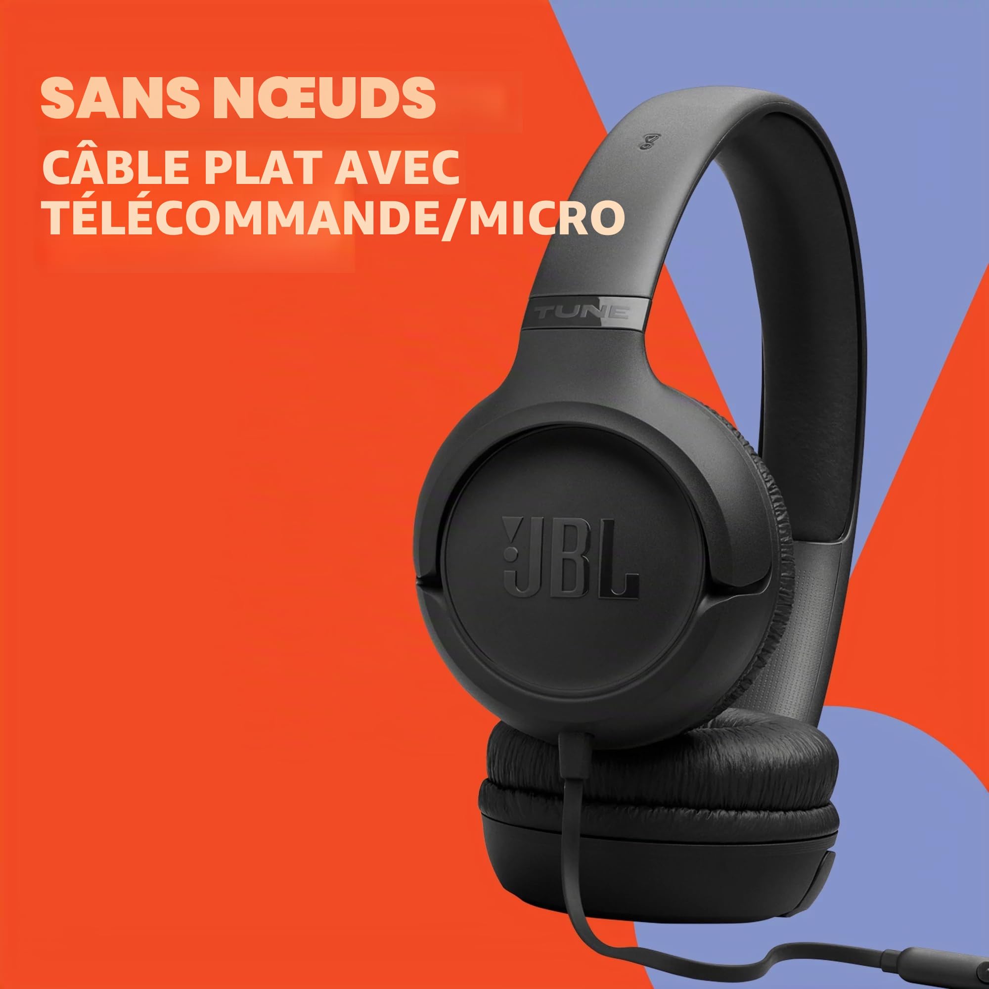 JBL Tune 530, Casque Filaire Supra-auriculaire Confortable avec Micro, Son JBL Pure Bass, préréglages EQ, Design Pliable et câble Anti-nœuds, Noir