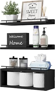 WOPITUES Black Floating Shelves with Cube Shelf & Metal Rails - Over Toilet Bathroom Storage Organizers Set of 3