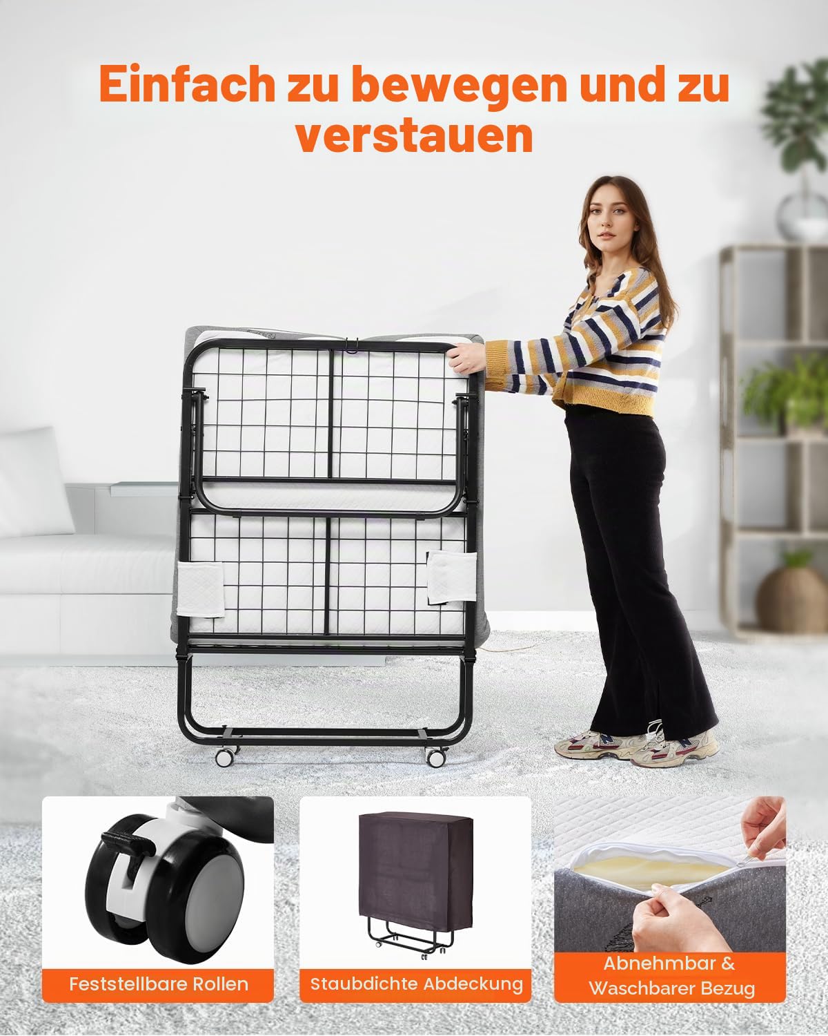VEVOR Rollbett Klappbett mit 12,5 cm Matratze, faltbares Einzelbett mit Memory Foam-Matratze (190 x 81 cm), 136,1 kg belastbares Gästebett für Erwachsene, Metallbett für Schlafzimmer Wohnzimmer