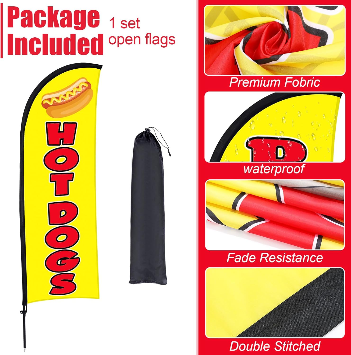 Buryeah 4 Sets Hot Dogs Sign Feather Flag Kit Include 1 Set Feather Banner with Pole Ground Stake and Bag and 3 Set Hot Dog Double Sided Yard Arrow with 3 Metal Stake for Business Advertising (Yellow)