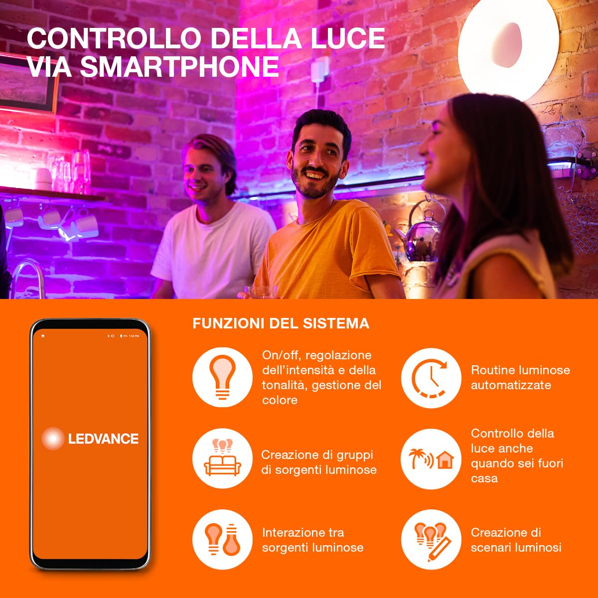 LEDVANCE Plafoniera WiFi bianca, 30W, 1900LM, 3000-6500K, 100x25 cm, lampada da parete dimmerabile, tecnologia RGB, Smart+ Planon, controllabile tramite app o assistenti vocali come Alexa o Google