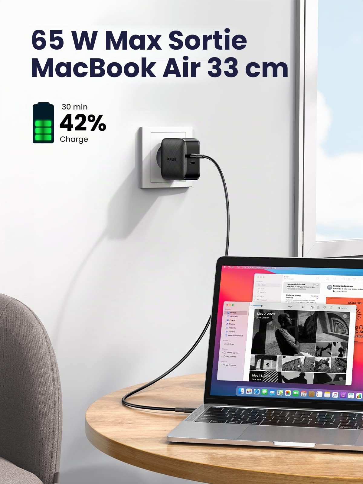 Ugreen - Chargeur Mural (70867) - 2X USB-C, PD, GaN 66W, 3.3A - Noir