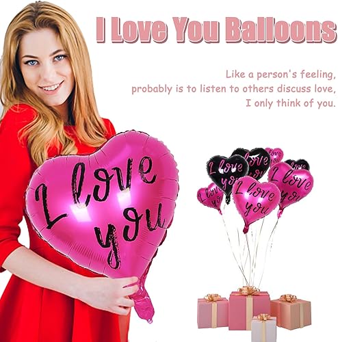 Miniatura 2 de 20 globos de corazón de 18 pulgadas, globos en forma de corazón de aluminio negro y rosa con la frase "I Love You" para el día de San Valentín,