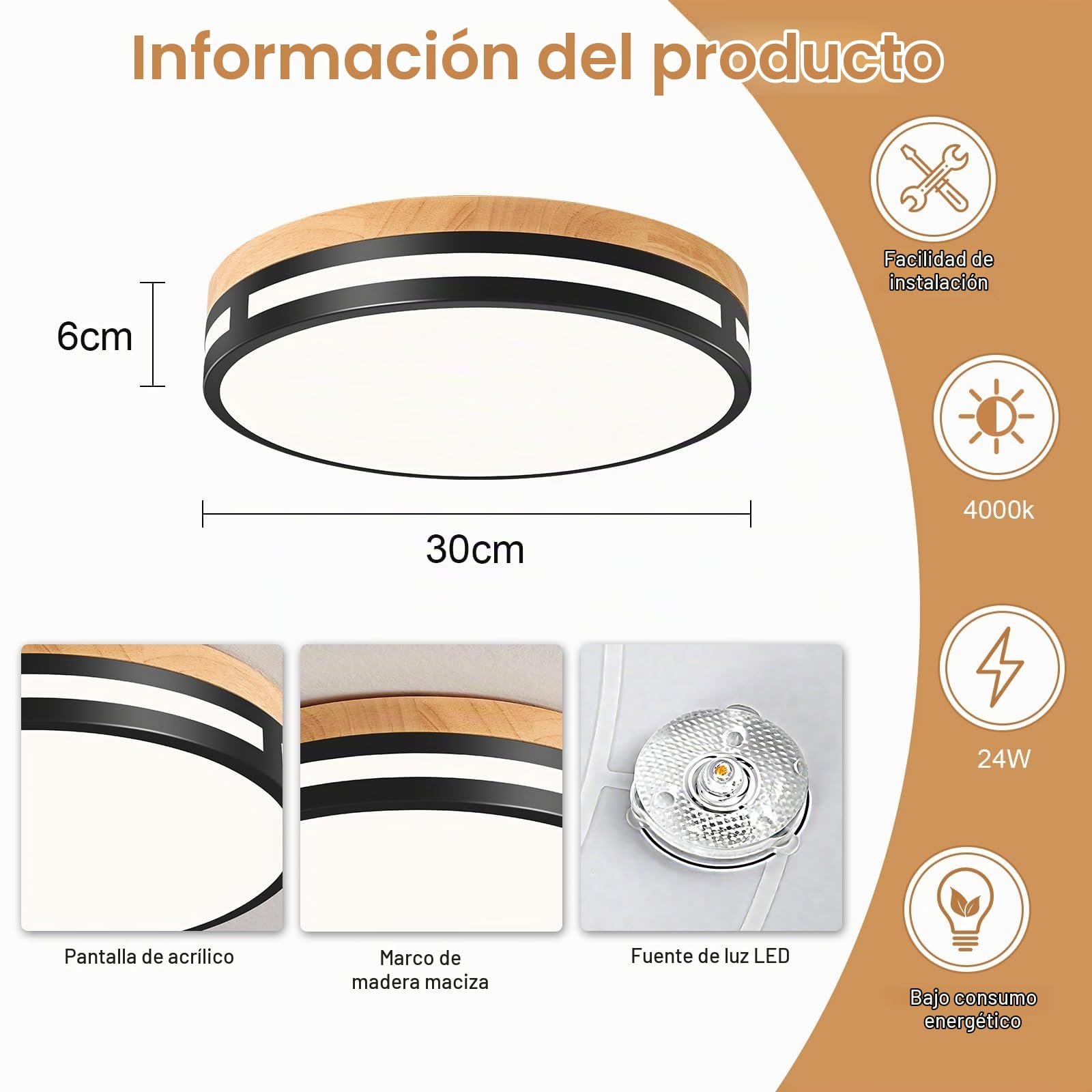 Lampara Techo, Plafon LED Techo Negra,30cm Plafón LED Techo Madera para Dormitorio,Sala de estar,Comedor,Cocina,Pasillo 4000K 24W