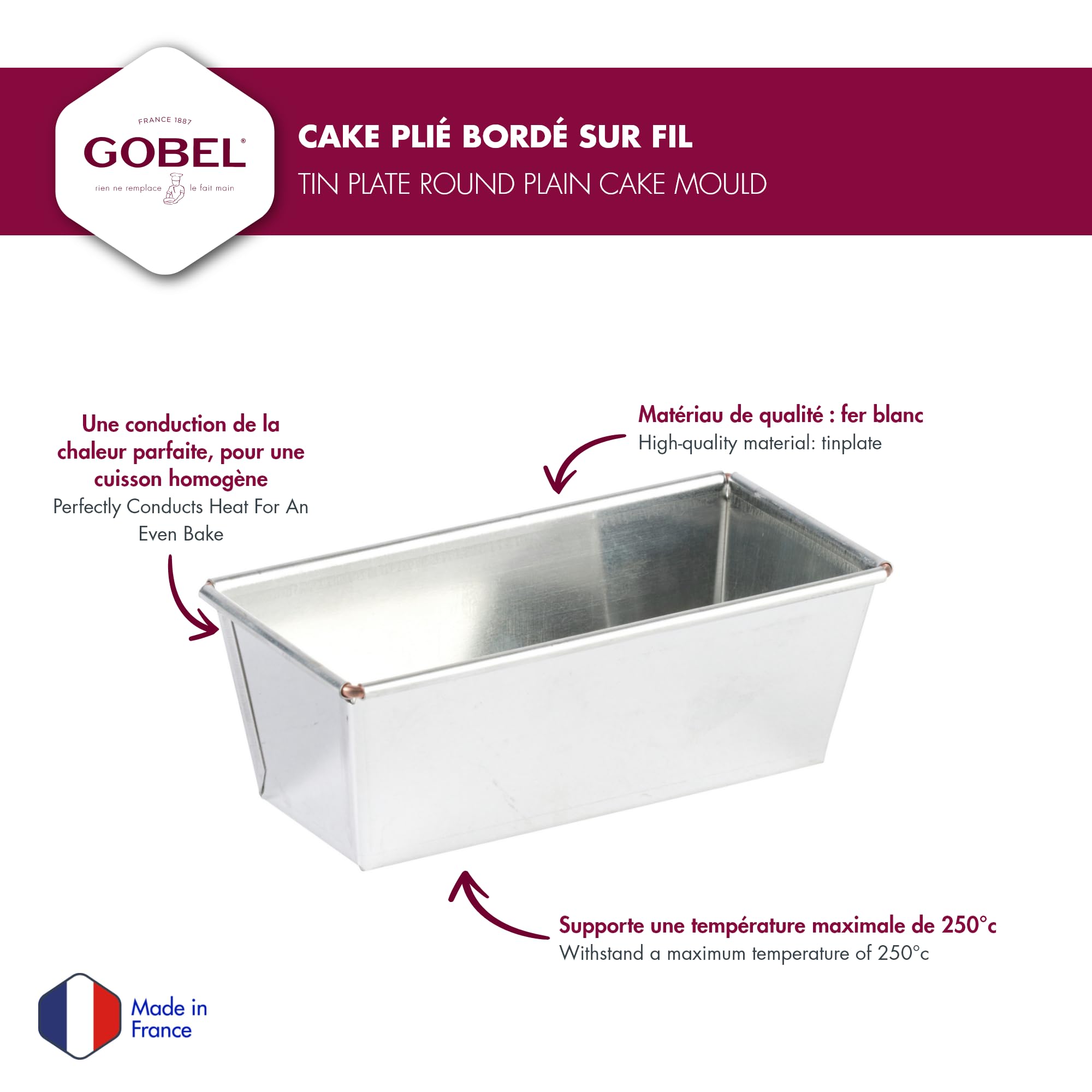 Gobel - Moule à Cake Plié Bordé sur Fil – Fer Blanc – 27 cm – Cuisson Homogène – Fabrication Française
