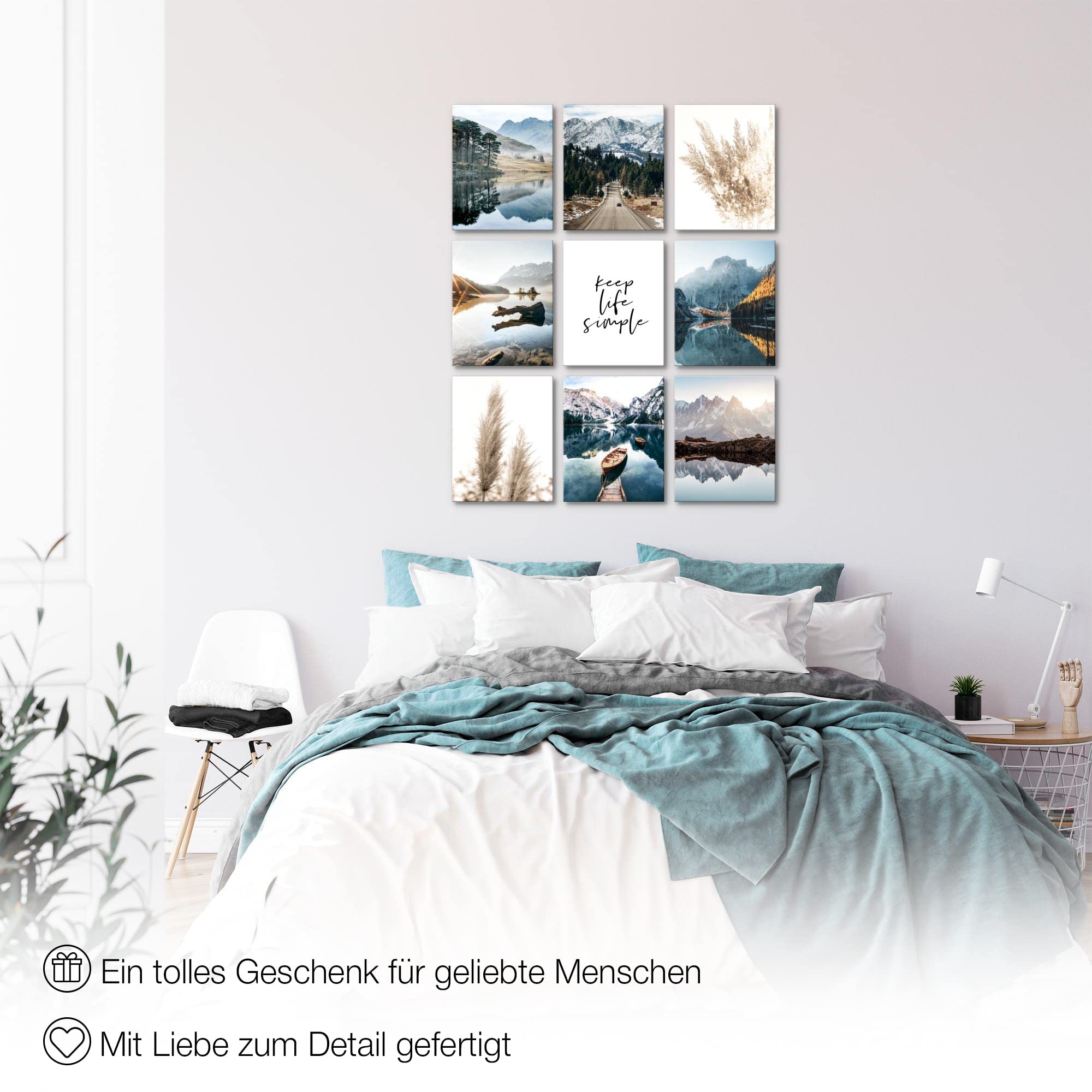 Novart Wandbilder Natur - KOMPLETT AUFHÄNGFERTIG - See Berge Wohnzimmer Schlafzimmer- 9 Moderne Bilder Set - N024891a