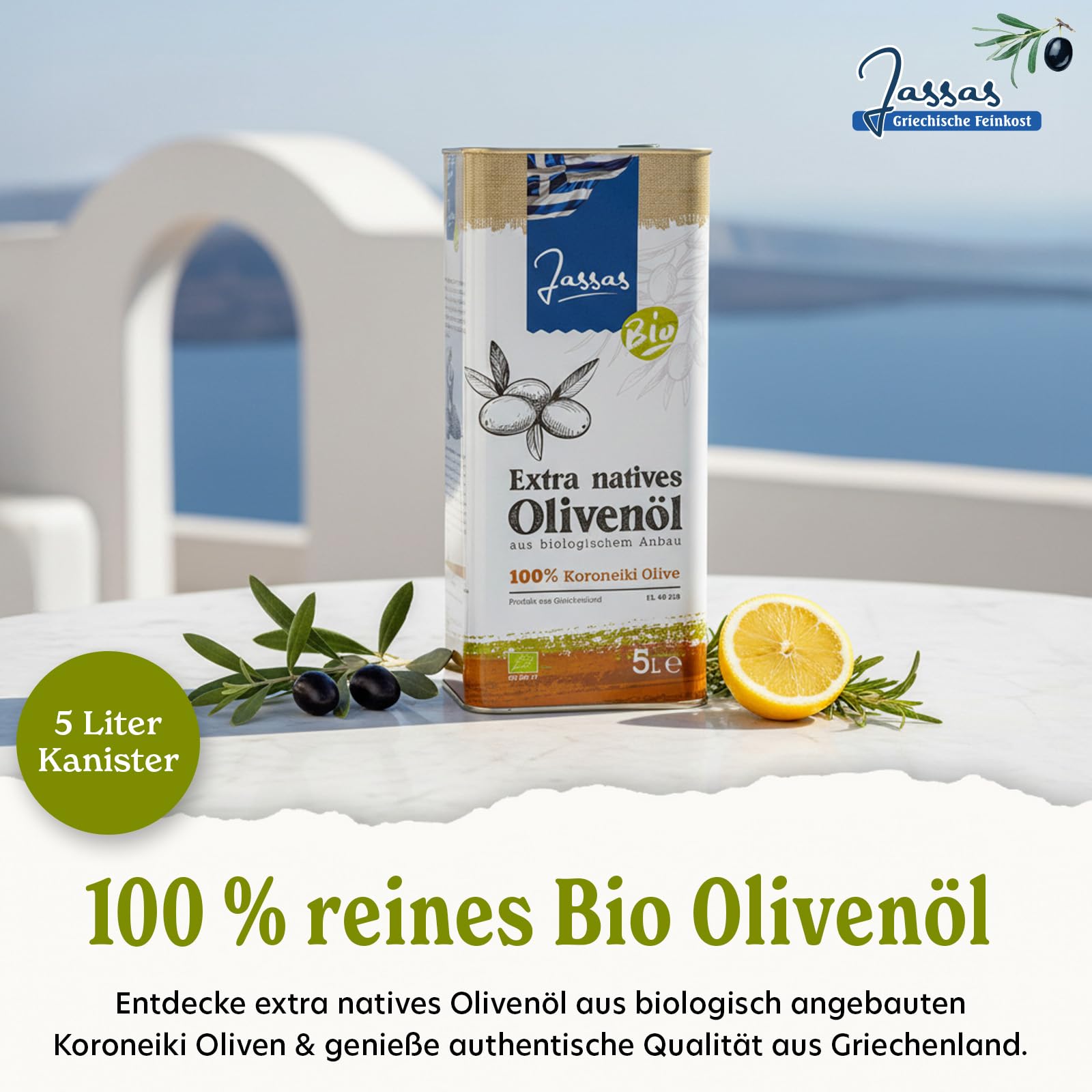 Jassas Bio Olivenöl 5L - 100% Bio Koroneiki Oliven - Neue Ernte 25/26 - extra nativ - fruchtig & aromatisch - GR-BIO-17 - Qualität aus Griechenland