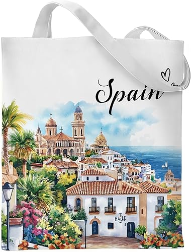 Spain Souvenirs Tote Bag - Cotton Travel Essentials Totes Reusable Grocery Shopping Bags Aesthetic City Handbag Appreciation Christmas New Year Birthday Gift for Women Mom Sister Friends