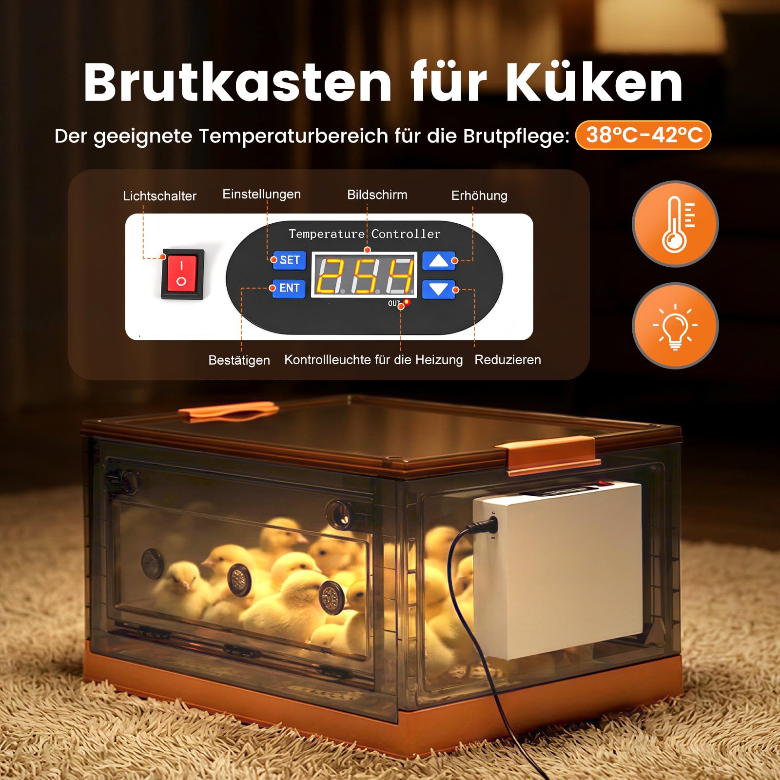 Inkubator für Küken 85L Brutkasten Faltbare Brutbox für Geflügel(Orange)