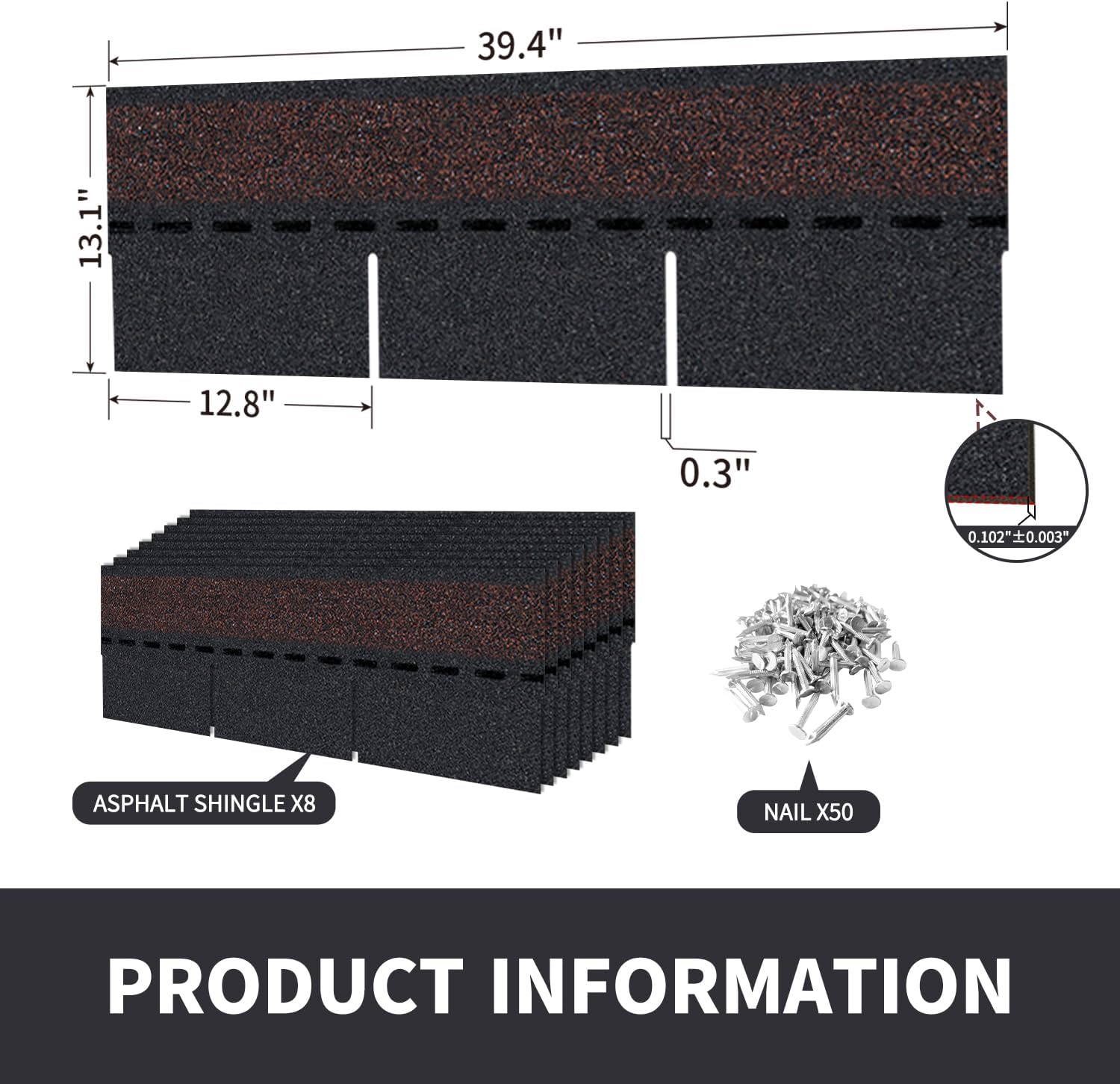 Roofing Shingles 3-Tab (Black) 8-Pack 39.4"x13.1",Asphalt Shingles for House Shed Roof Tiles Repair Decor