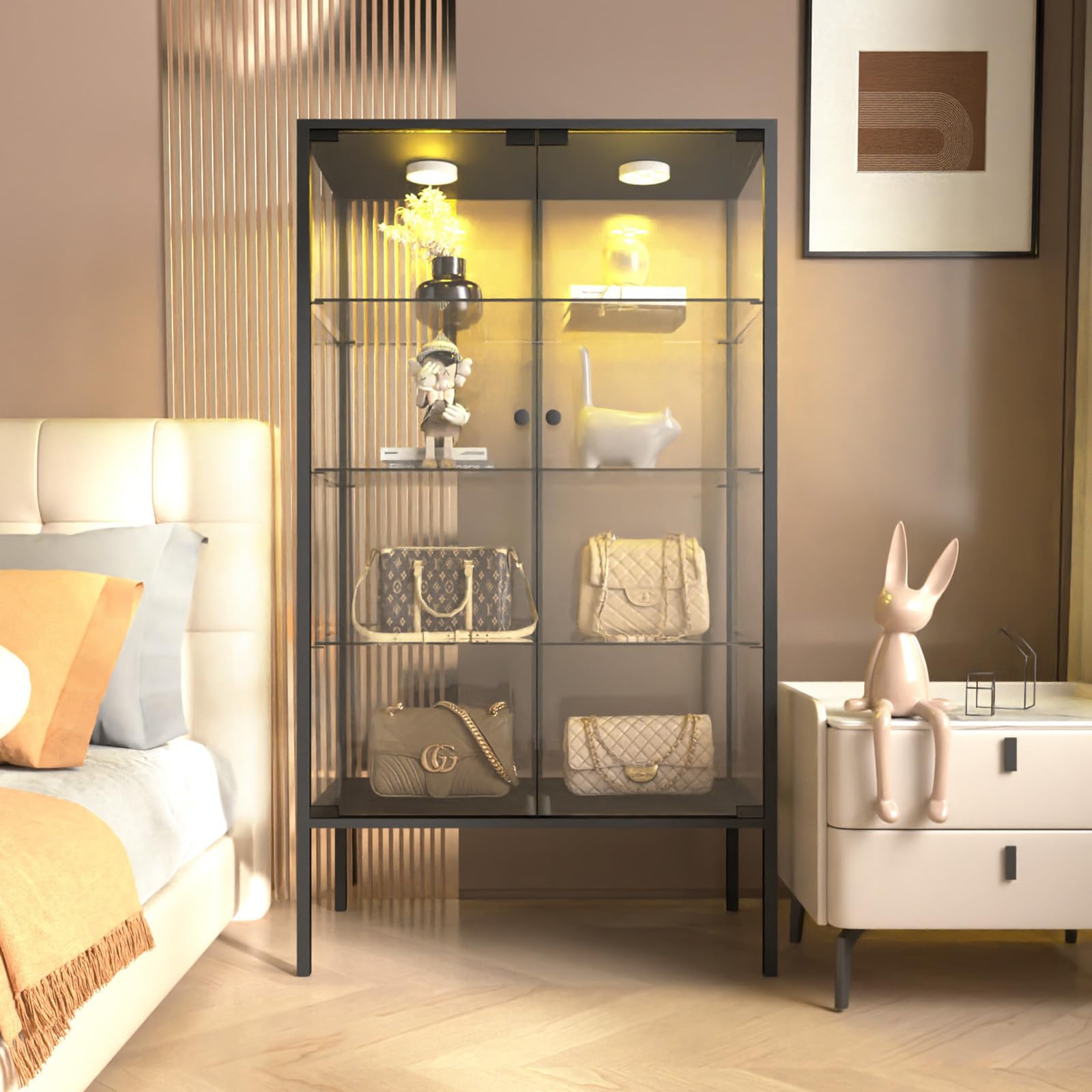 LFT HUIMEI2Y 4-Tier Glass Display Cabinet with LED, Iron Frame Display Case