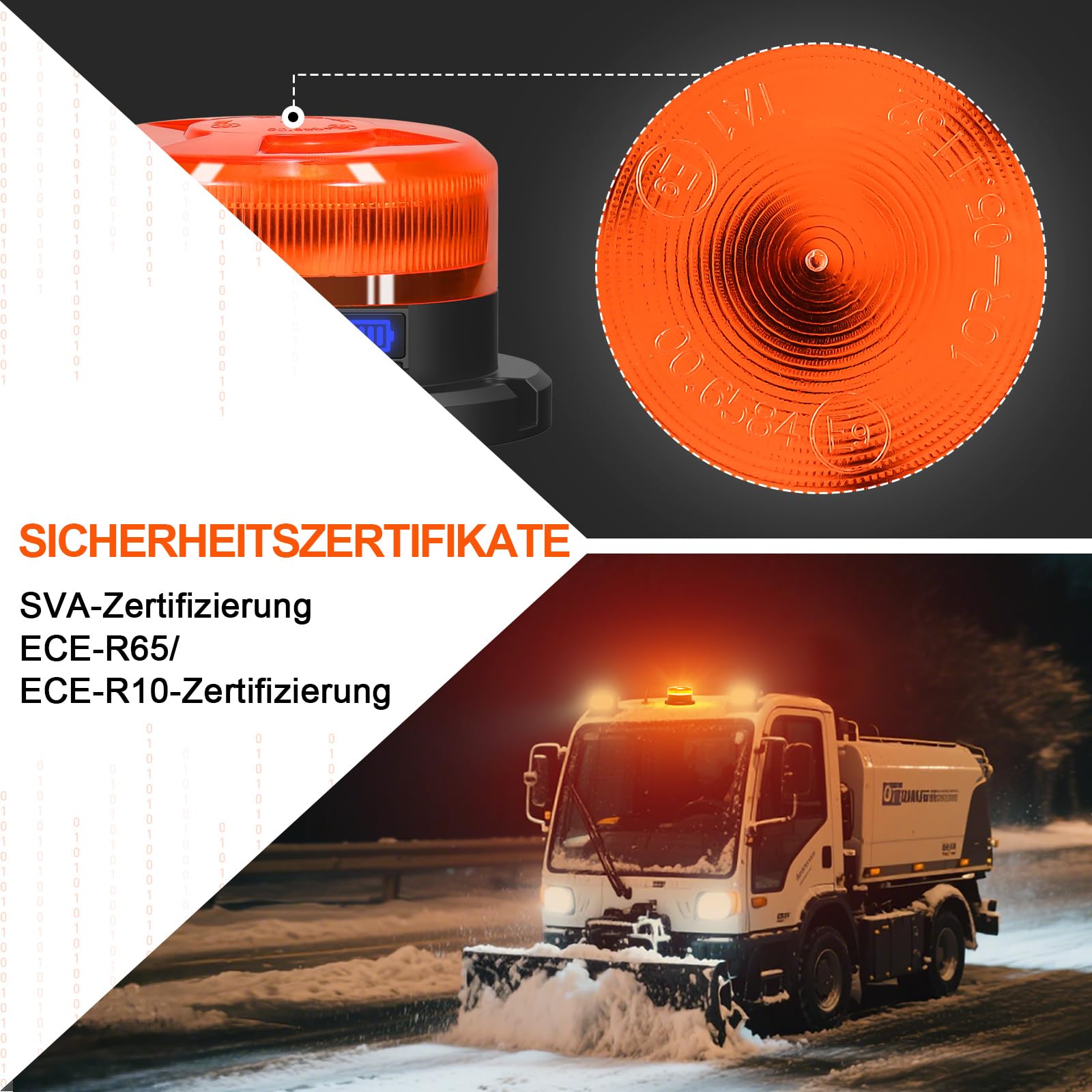 AnTom Rundumleuchte Akku mit Akkustandanzeige 9 Blitzmuster LED Rundumleuchte 12V Magnet Warnleuchte Gelb Autoladekabel und USB-Kabel für Auto Traktor SUV