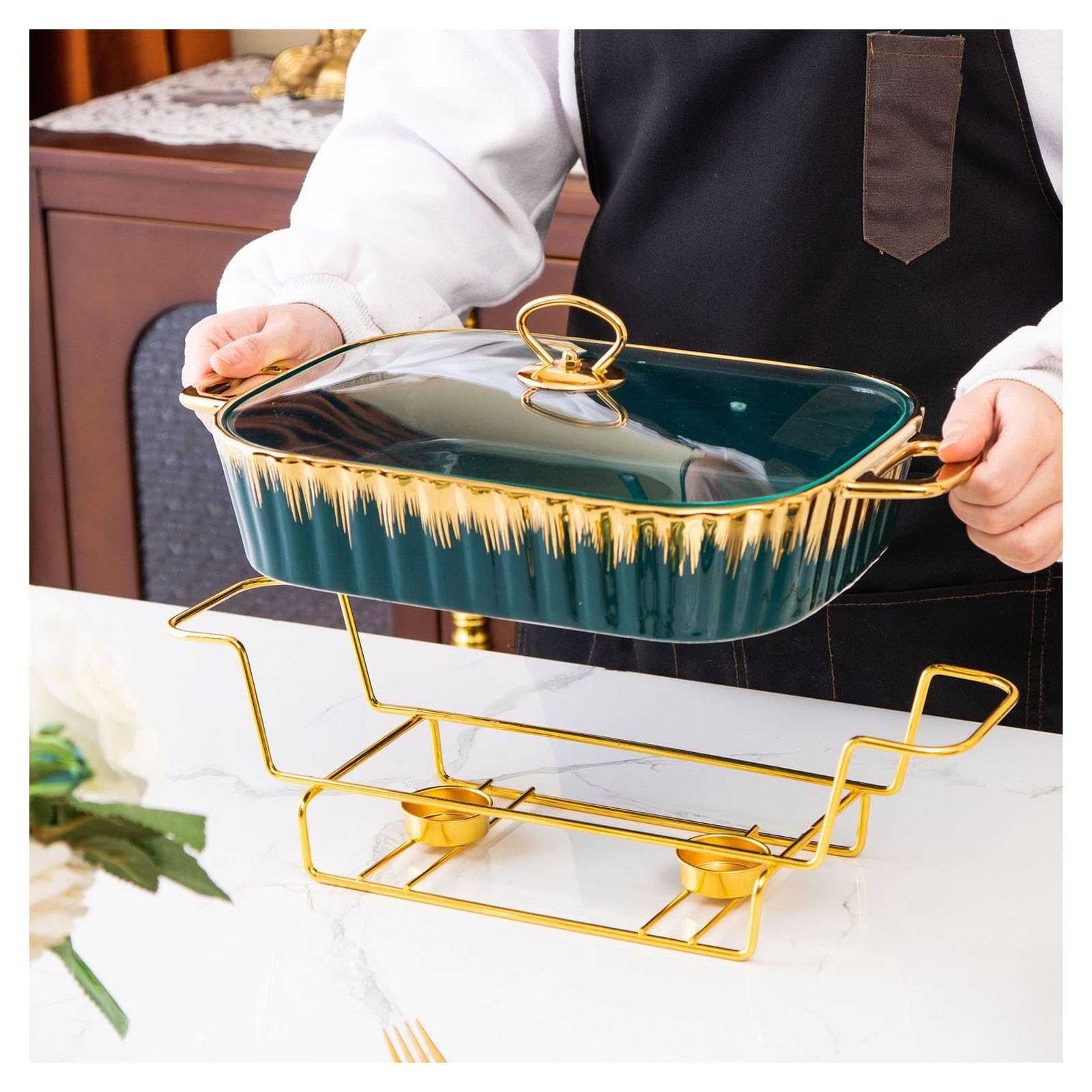 Juego de platos de cerámica, calentador de alimentos con tapa, recipiente extraíble para catering, ideal para servir platos calientes en bodas y fiestas