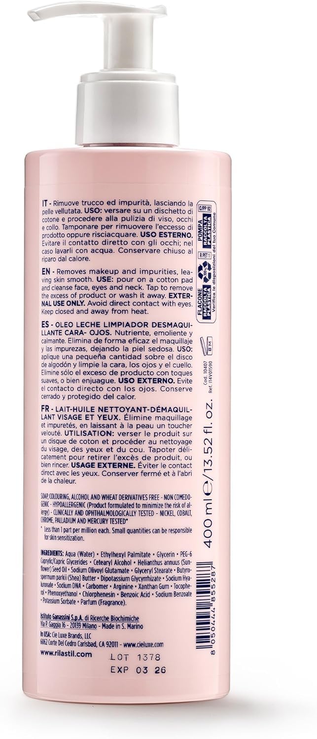 Rilastil Codzienna pielęgnacja twarzy i oczu Olejek do oczyszczania mleka, pielęgnujący środek czyszczący dla wrażliwej i suchej skóry, Soothing and Soothing with Shea Butter, Hyaluronic acid, 400 ml