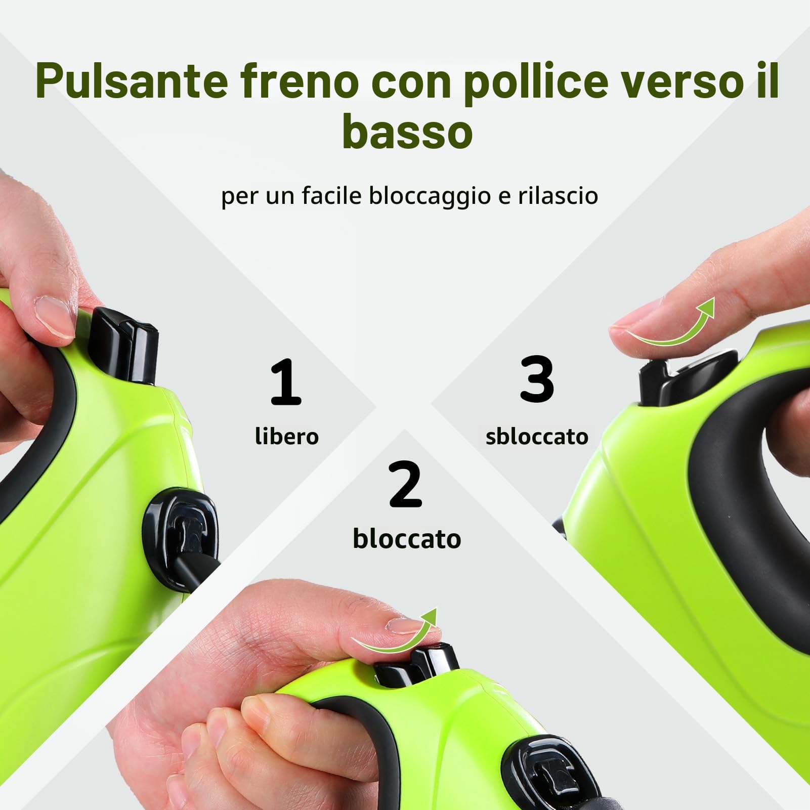 Pecute Guinzaglio Retrattile per Cani 10M (Fino a 50 Kg), Guinzaglio per Cane con Guinzaglio Esteso Senza Grovigli a 360°, Impugnatura Antiscivolo e Pulsante di Freno Rapido,Verde