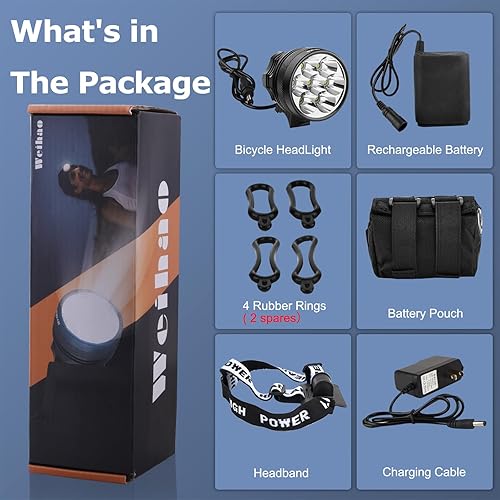 Miniatura 6 de Weihao Luces de bicicleta para montar por la noche, faro de bicicleta impermeable, súper brillante 10500 lúmenes, 7 LED, luz delantera de bicicleta