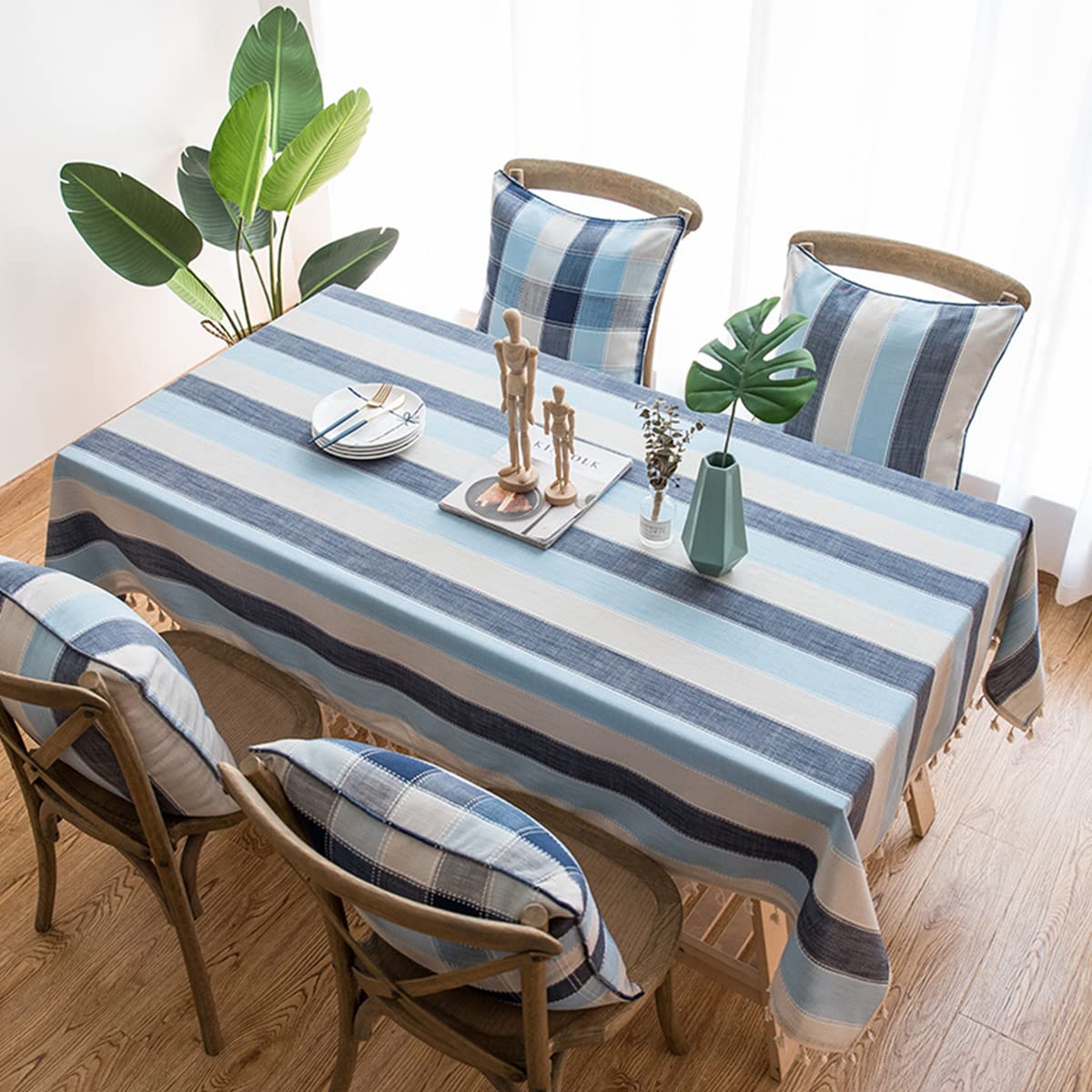 Tovaglia a righe con nappe, rettangolare, in cotone, lino, antipolvere, per cucina, sala da pranzo, giallo, 61 x 61 cm