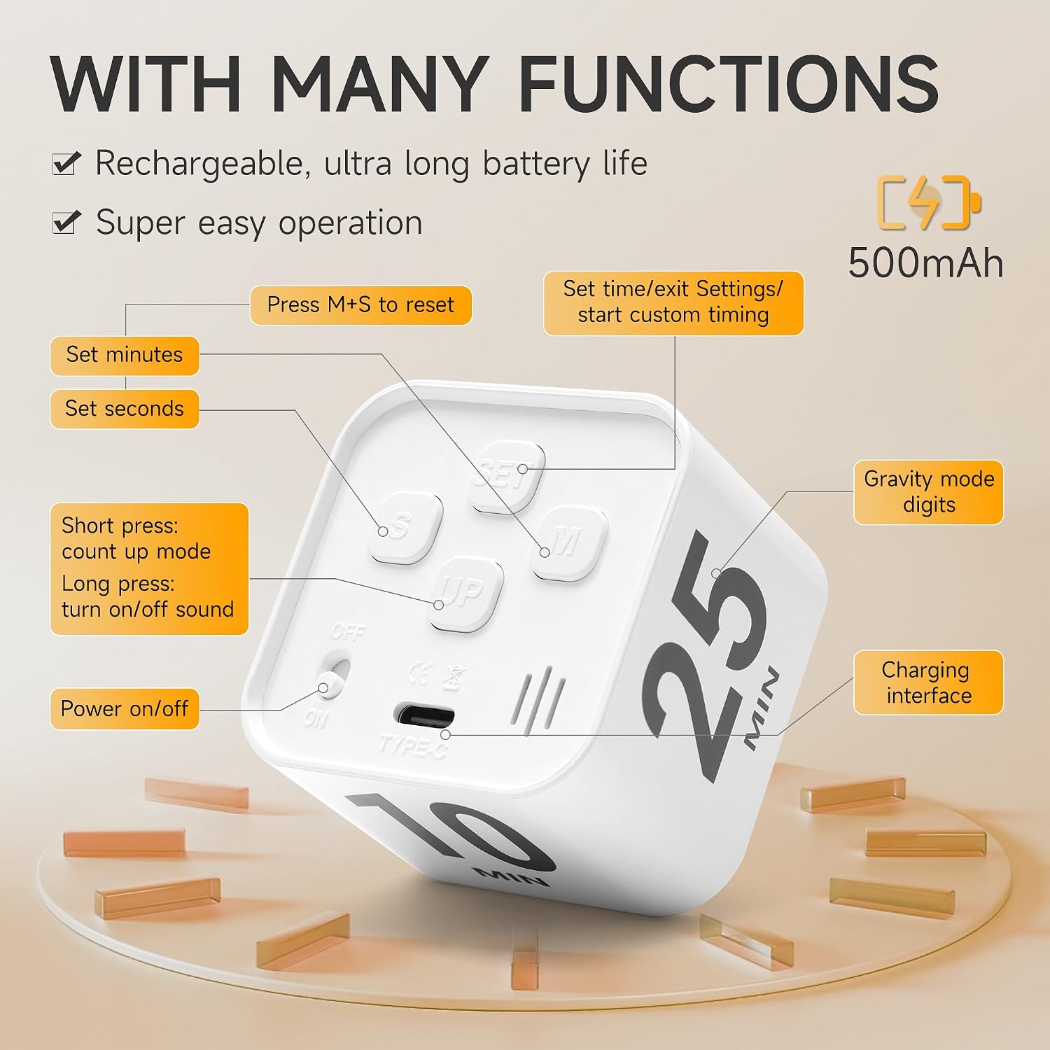 Rotating Productivity Timer, 5, 25, 10, 50 Minute Presets, Desk Cube