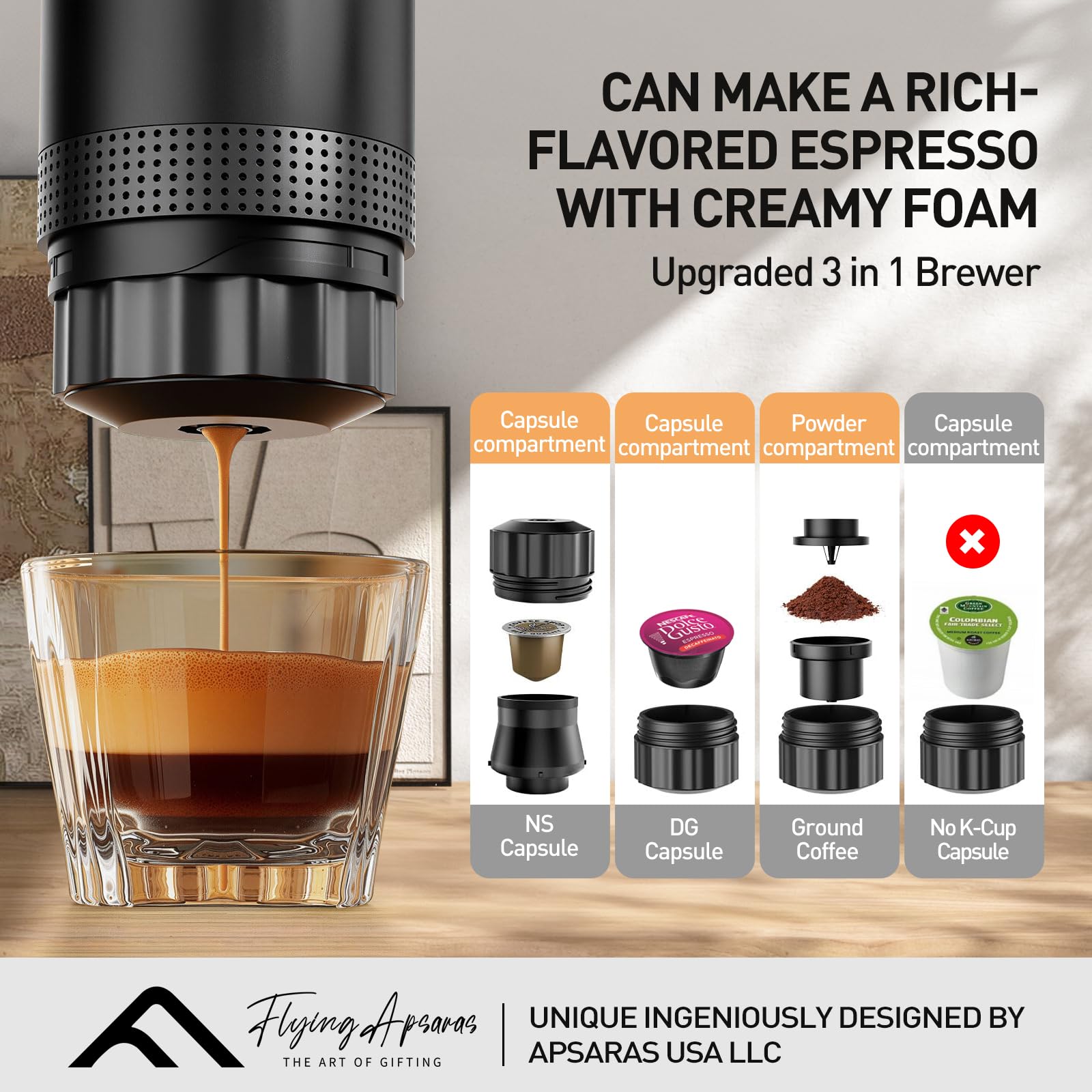 APSARAS USA - Cafetera portátil para viajes, cafetera espresso portátil, mini máquina de café espresso de 20 bares, cafetera de viaje 3 en 1 con café molido y cápsula (Ns&DG) para RV, camping, coche