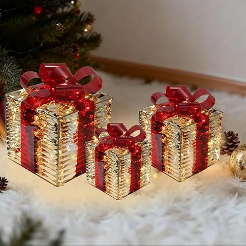 Miniatura 10 de Decoraciones de Navidad, juego de 3 piezas, adornos de caja con lazos, ilumina las faldas del árbol de Navidad. Adecuado para decoración de césped