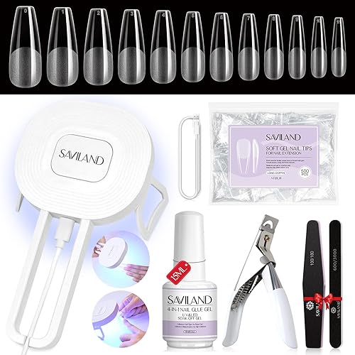 SAVILAND Gel X Nail Kit, Upgraded Nail Lamp for XXL Nail Tips and Toes 500PCS Nail Tips with U V Light Nail Glue Gel, Acrylic Nail Tools