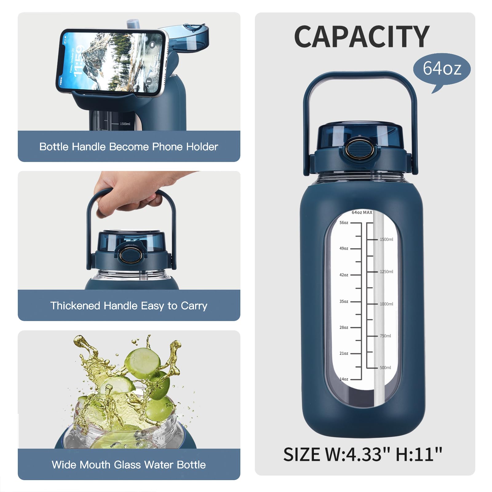 64oz Glass Water Bottle With Straw & Time Marker - Half Gallon Motivational Bottle, BPA Free