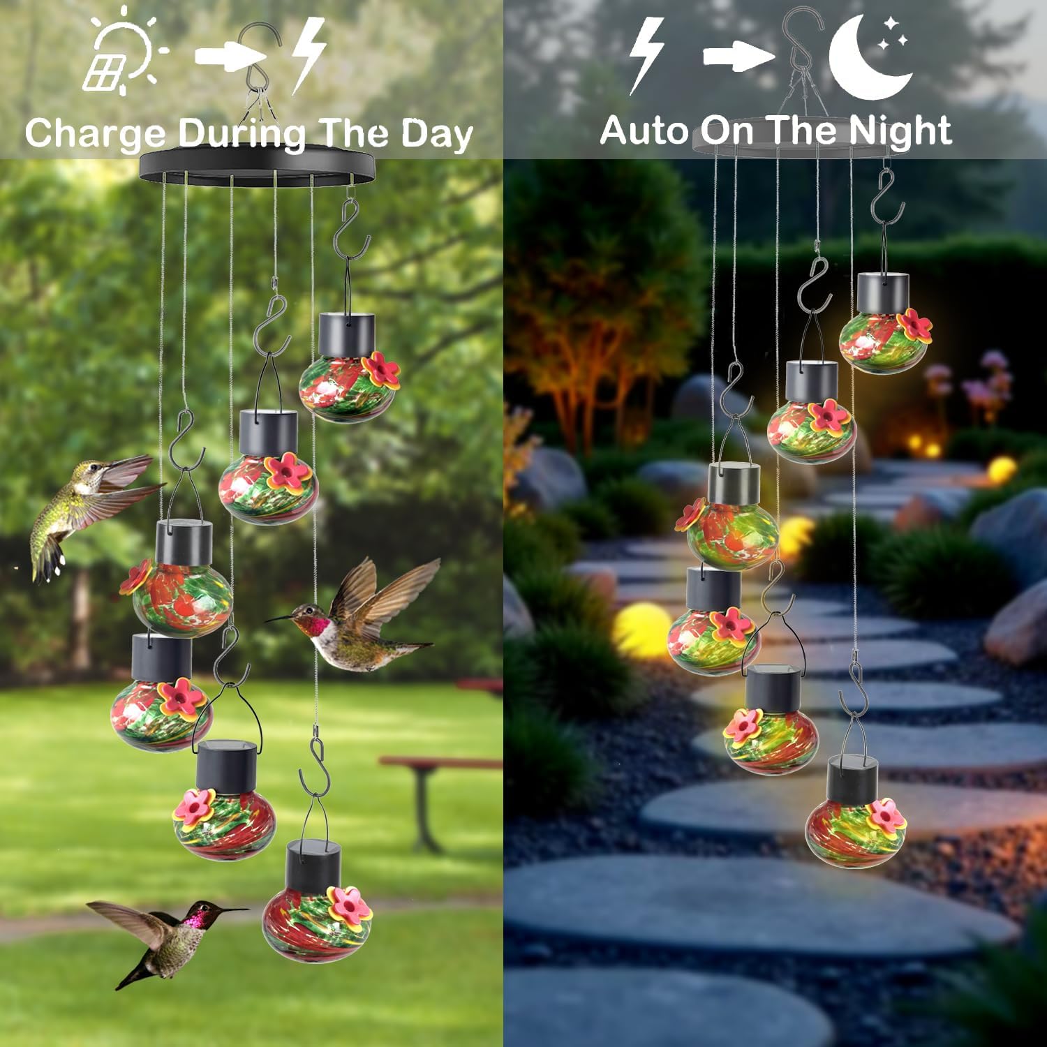 Solar Wind Chimes Hummingbird Feeder for Outdooors, Blue Hand-Blown Glass Bird Feeders with Leak-Proof Design, Ant & Bee Resistant, Perfect Garden Patio Decor (Red and Green)