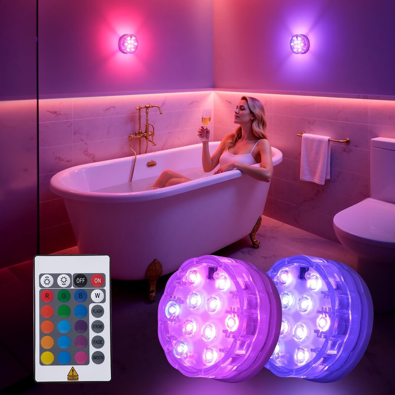 Wireless LED Shower Light with Remote Control, Waterproof RGB Color Changing Lamp for Bathroom and Bathtub, Battery Operated Ambient Lighting for Spa and Home Decor, 2-Pack Set
