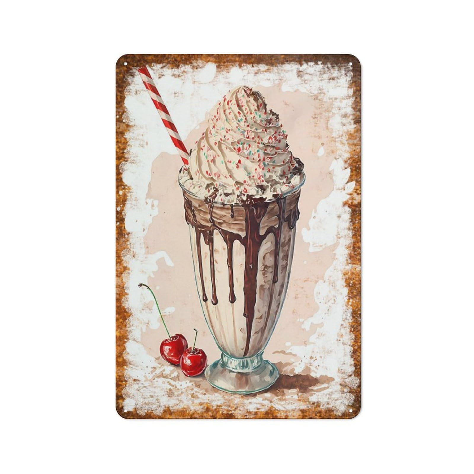 Metal Tin Sign Chocolate Milkshake With Cherries Minimalist Pattern Vintage Rustic Wall Art Kitchen Bathroom Bedroom Living Room Farmhouse Office Garage Home Bar Laundry Room Porch Patio 6x8 Inch
