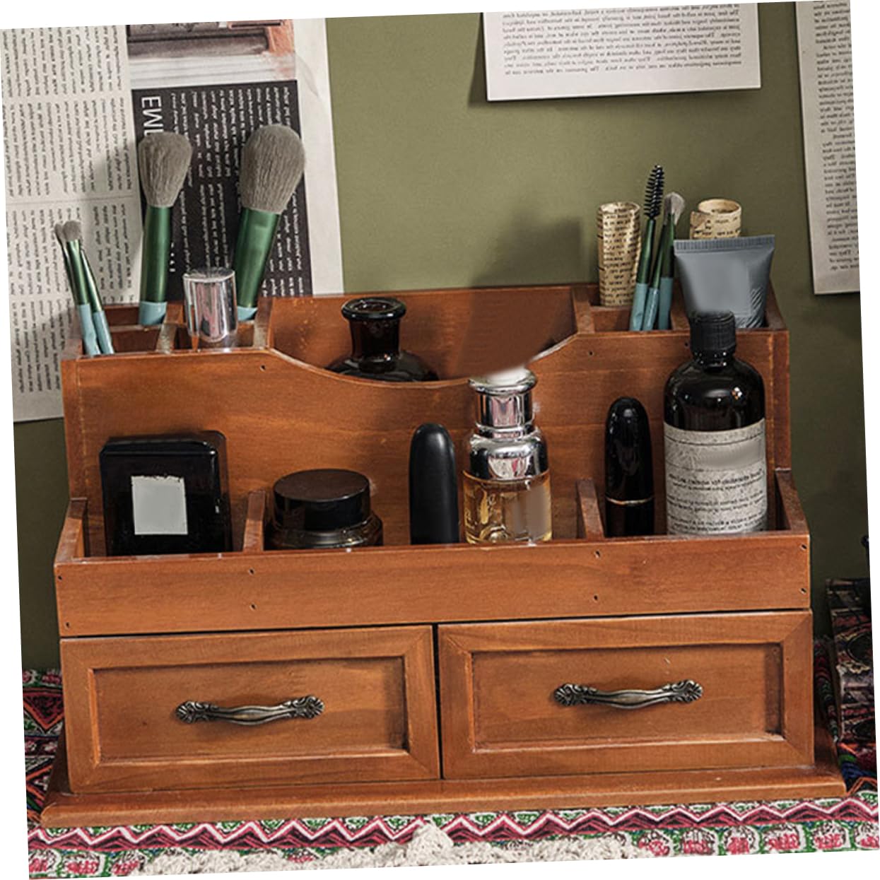 MAGICLULU Schublade mit 2-fach Schubladendesign im Vintage Stil Aufbewahrung Schmuck Großer Stauraum und Schreibtisch Organizer für Make Up und Kosmetik