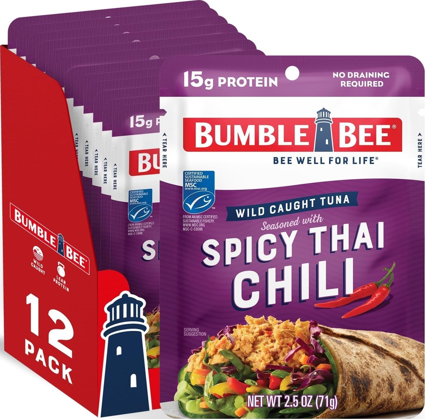 Bumble Bee Spicy Thai Chili Seasoned Tuna Pouch, 2.5 oz (Pack of 12) | Wild Caught Tuna, Ready to Eat, 15g Protein per Packet, Gluten Free - PERFECT, PORTABLE, GOODNESS