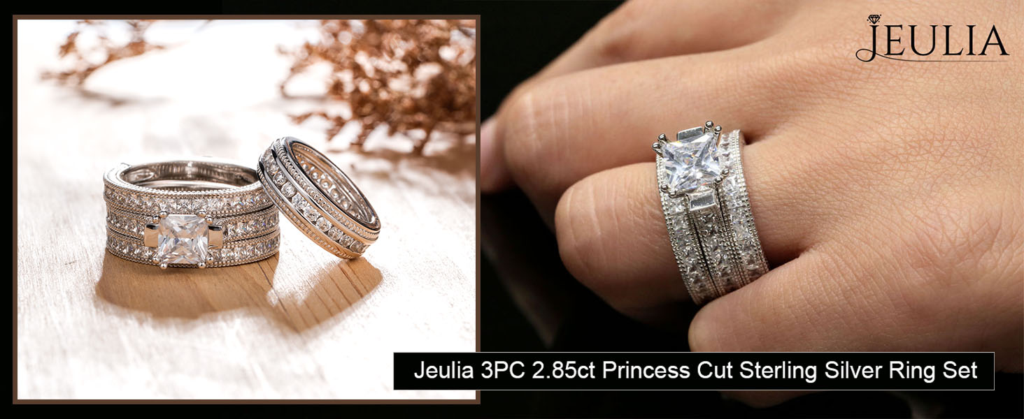 Amazon.com: Jeulia 3PC Princess Cut Ring Set: Sterling Silver Halo