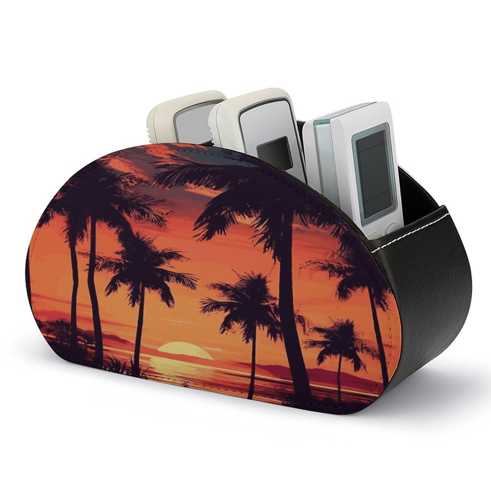 LDGSUPH Palm Tree Summer Sunset Remote Control Holder with 5 Compartments PU Leather TV Remote Caddy Storage Box Multi-functional Desk Storage Organizer Box Anti-slip Desktop Caddy