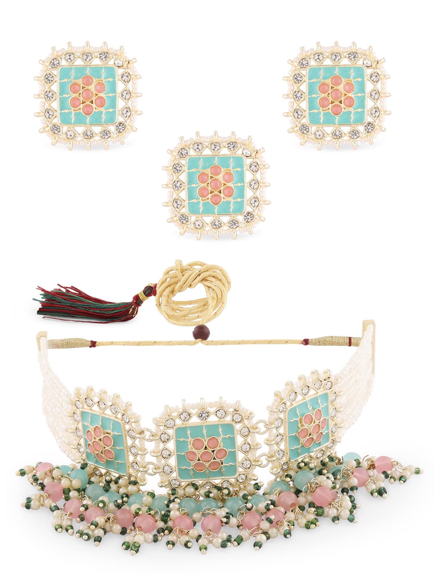 See full amazon price history chart for ZAVERI PEARLS Pink Turquoise Meenakari Cluster Multistrand Choker Necklace Earring & Ring Set For Women-ZPFK15449 ZAVERI PEARLS Pink Turquoise Meenakari Cluster Multistrand Choker Necklace Earring & Ring Set For Women-ZPFK15449 (B0BTVSZPLM) Amazon Price History, Amazon Price Tracker