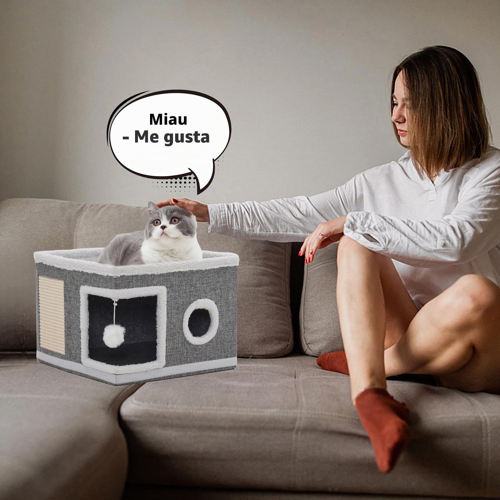 Casa para Gatos para Interiores, Plegable con Tabla para rascar, Pelota de Juego, Cueva para Varios Gatos, 3 Pisos, casa para Gatos, Cama para Gatos, 40x40x63 cm, Gris