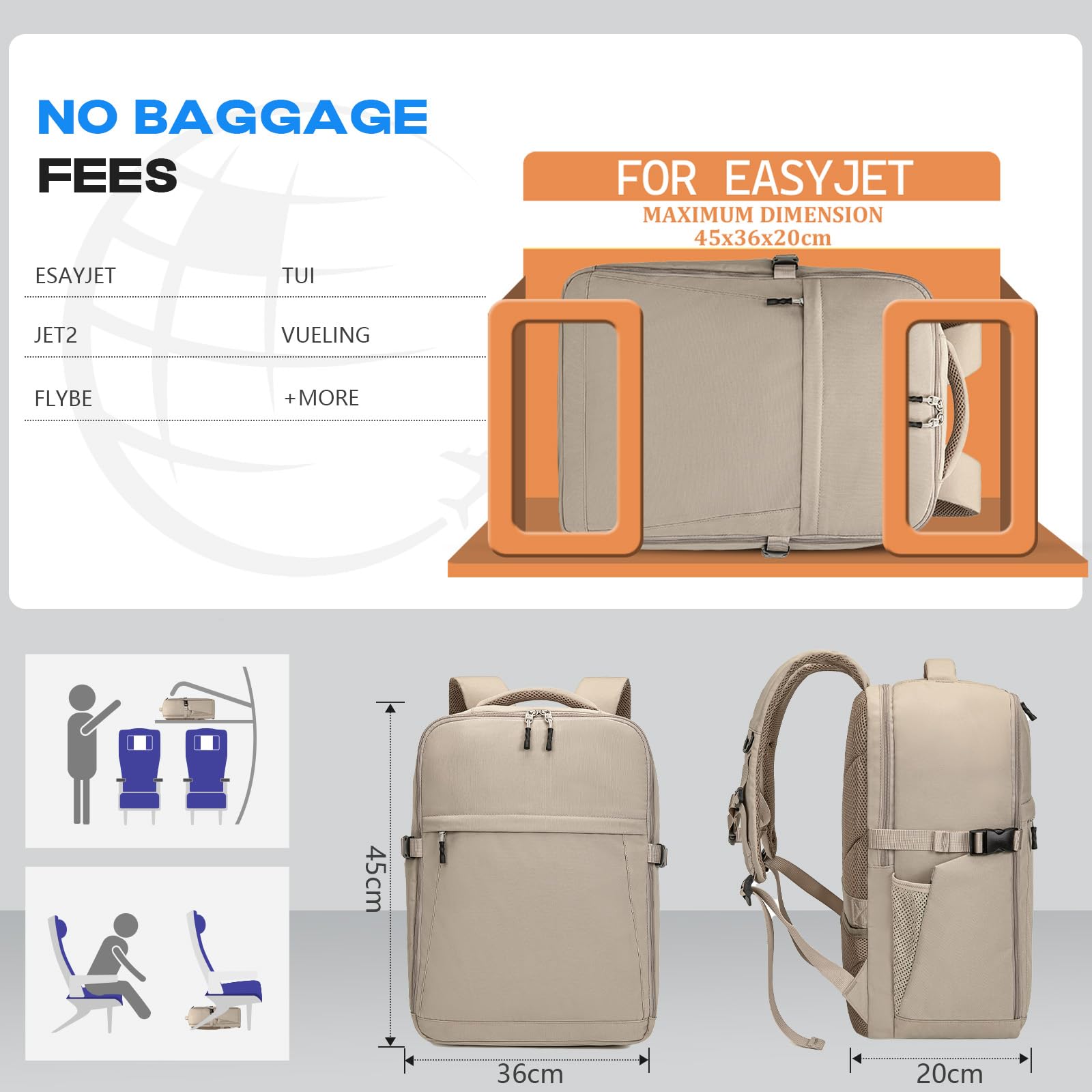 Xkdoai Bagaglio a Mano per Easyjet 45x36x20 Zaino per Easyjet 45x36x20 Zaino da Viaggio Aereo Bagaglio a Mano con Borsa Antifurto Borsa per Bottiglie