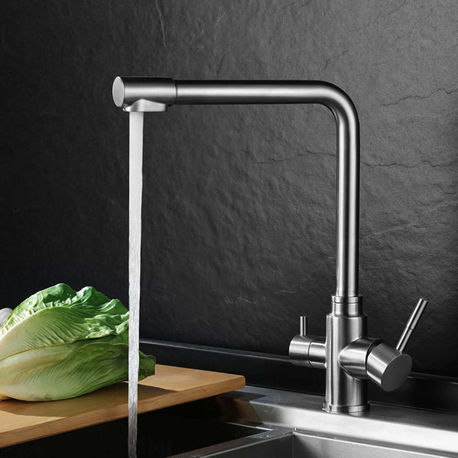 Mitigeur 3 Voies Cuisine Filtre A Eau Robinet Chaude et Froide Eau Rotatif en Acier Inoxydable,Noir
