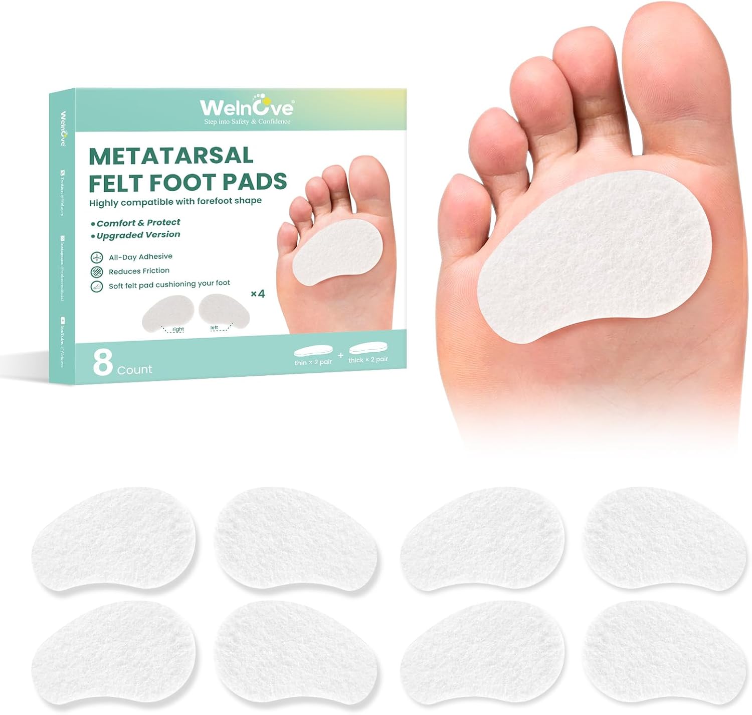 Welnove Ball-of-Foot Cushions for Women Men - 1/8" and 1/4" Thick - Felt Metatarsal Pads for Forefoot Support - Soft Foot Pads for Metatarsalgia, Morton’s Neuroma, Fit for High Heels,Shoes(4 Pairs)