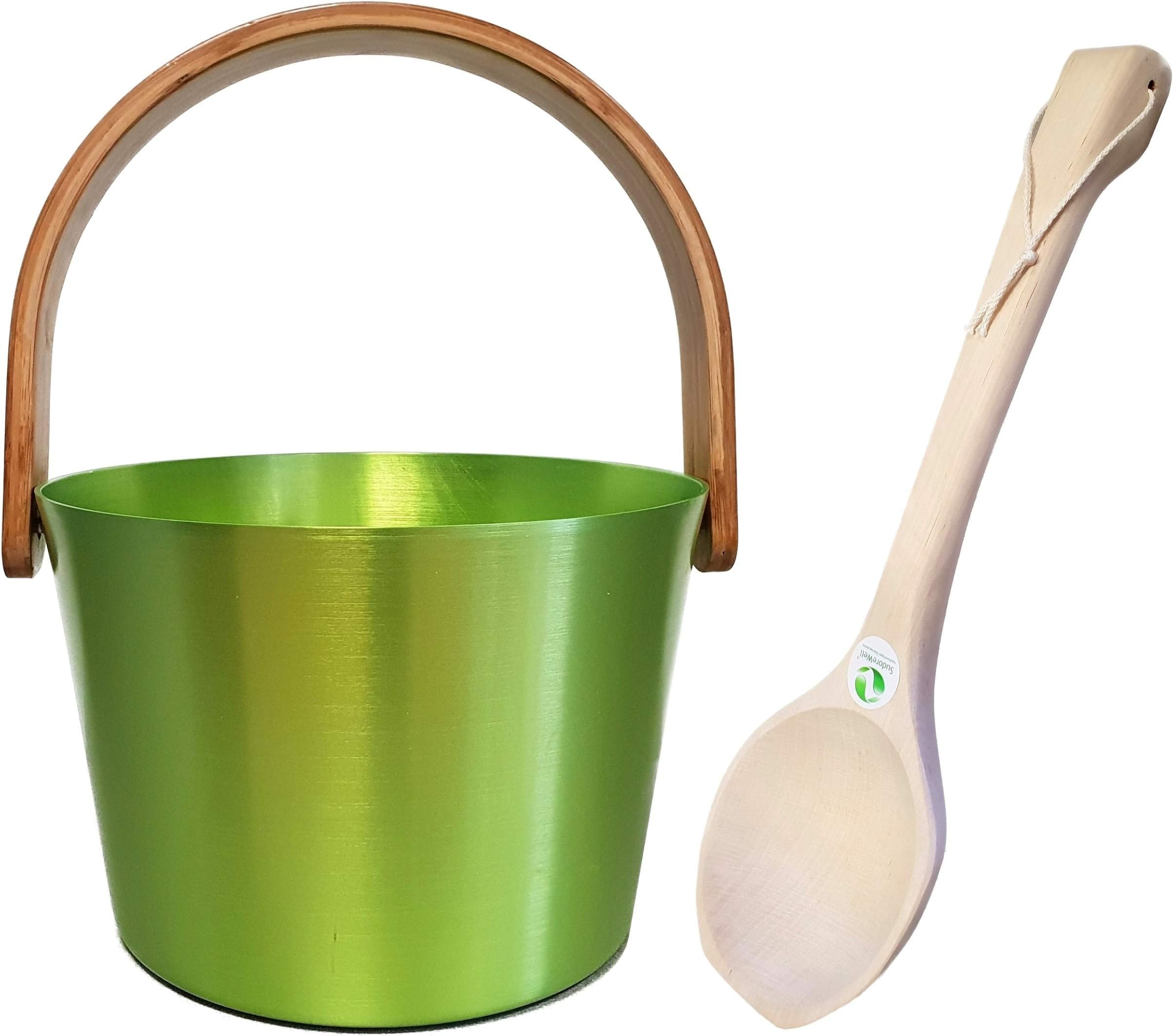 Sudorewell® Sauna Pouring Bucket 5,0 L Aluminium (Champagne) plus Sauna Ladle (Champagne) with Wooden Handle